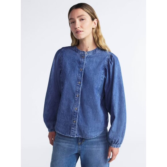 Scoop Women's Cotton Denim Shirt with Blouson Sleeves, Size S (4-6), Button - Picture 2 of 5